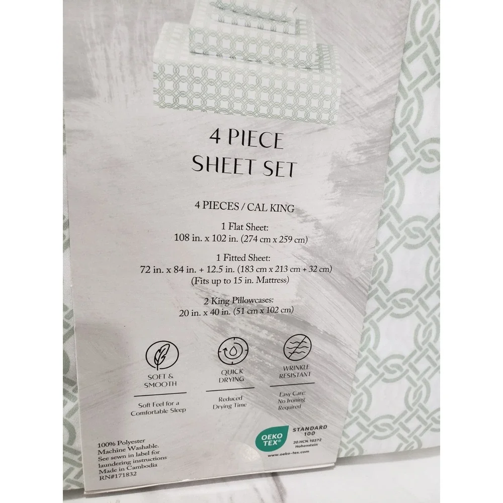 NEW CALI KING Sage Interlocking CALI FOUR PIECE SHEET SET FITTED FLAT MINIMALIST